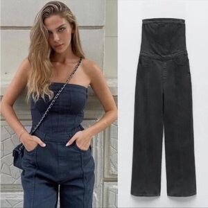 Zara Black Denim Strapless Jumpsuit